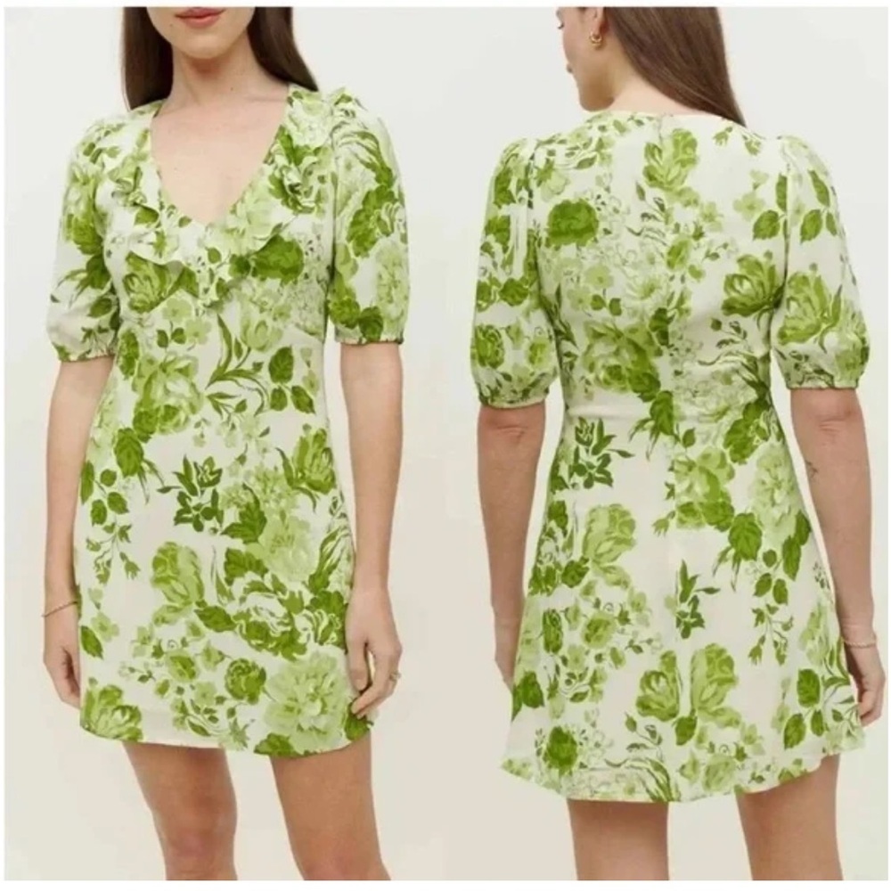 Reformation Simon Green Floral Puff Sleeve Mini Dress Size 4